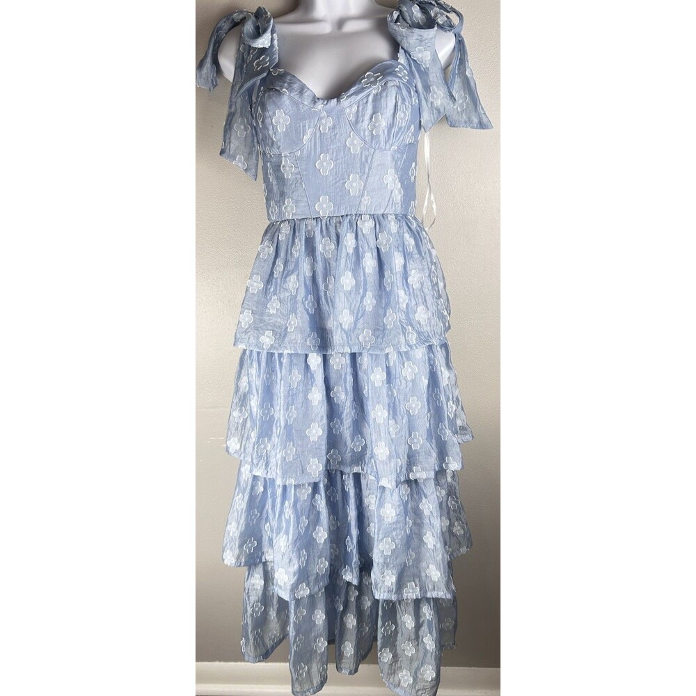 Lulus Gorgeous Excellence Light Blue Tiered Midi Floral Burnout Corset Size XS - Picture 3 of 11